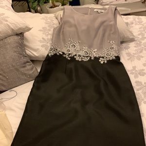 KASPER silver grey and black silk fabric dress with embroidery along waist.